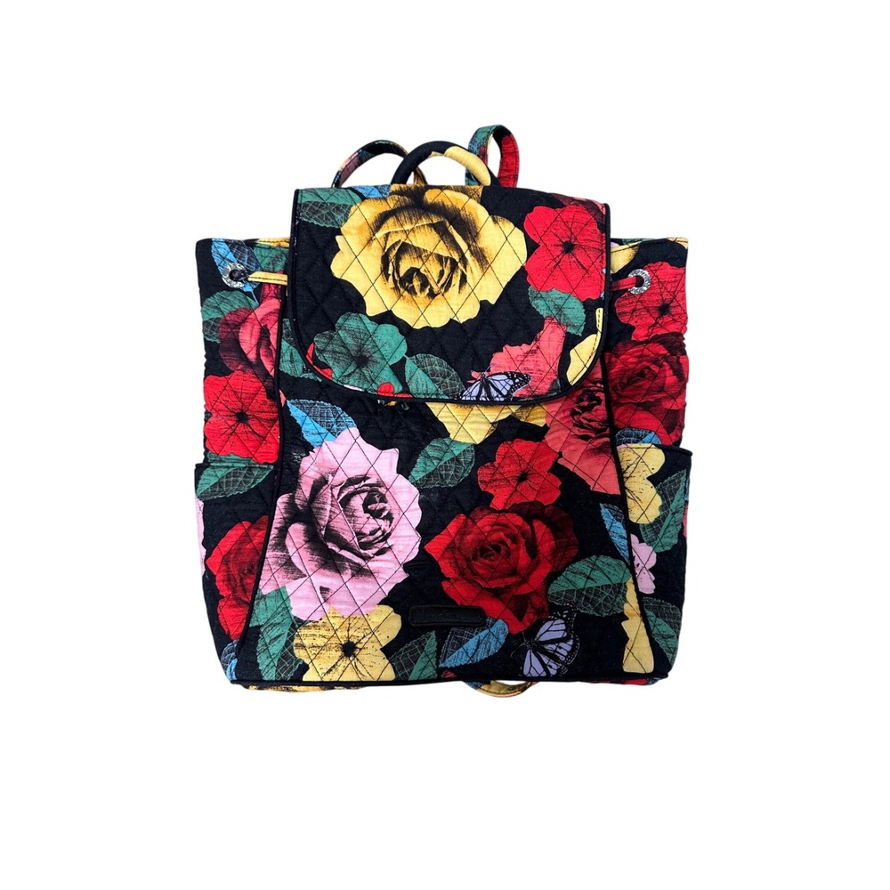 Vera Bradley Midnight Roses Quilted Cotton Backpack Floral Butterfly Black Bag - Picture 2 of 10